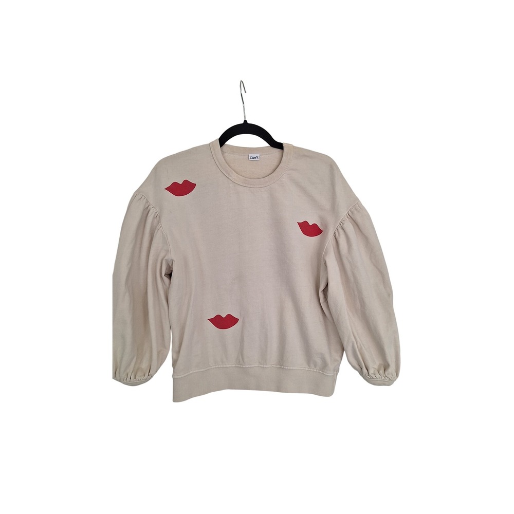 Clare V. Women Cream Red Lips Puff Sleeve Cotton Sweatshirt Size M Made in USA
